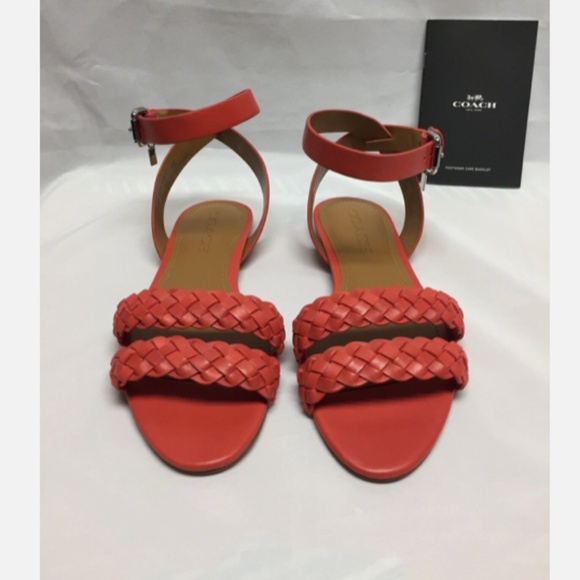 Coach Scarlett soft Veg Leather Flat ankle strap sandal Deep Coral 34A01978 NIB - Picture 1 of 3